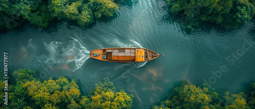 Ariel view of wooden boat sailing on the canal among the rain forest