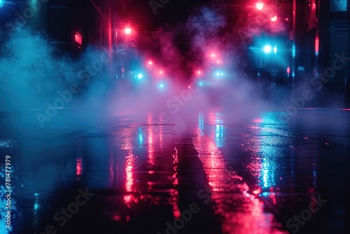 Wet asphalt, reflection of neon lights, a searchlight, smoke. Smoke, smog. Dark background scene of empty street, night view, night city. Neon red and blue light.