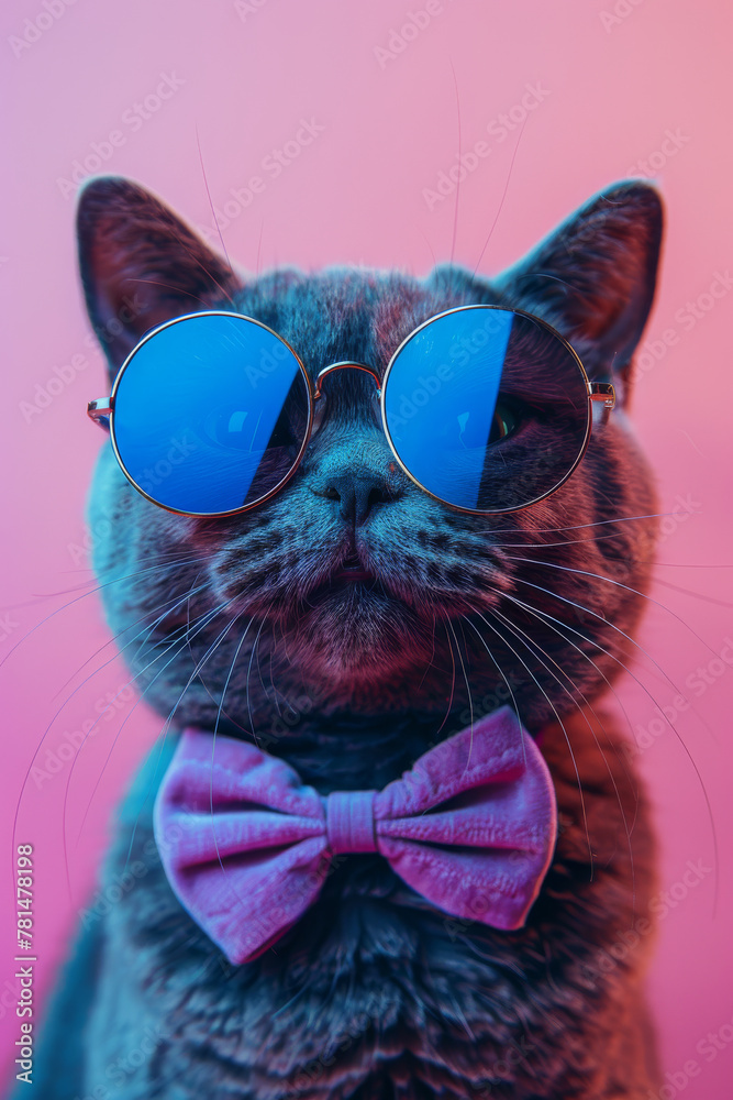 Stylish Cat with Blue Sunglasses and Pink Bow Tie on Vibrant Background