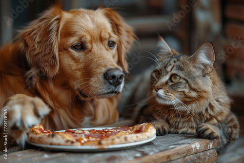 Golden Retriever and Tabby Cat Eyeing Pepperoni Pizza Together