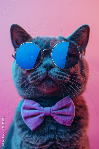 Stylish Cat with Blue Sunglasses and Pink Bow Tie on Vibrant Background