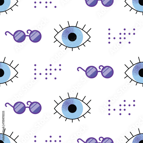 seamless pattern diverse happy smiling disabled people and guide dog, eye, puzzle, sign language, braille with an assortment of different handicaps , vector illustration isolated on a white background