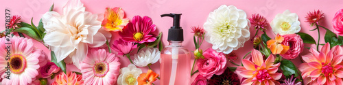 Bright Spring Flowers and Skincare Lotion on Pink Background