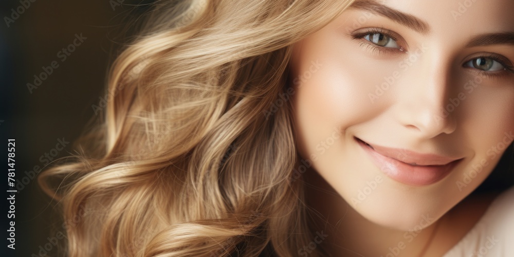 Beautiful laughing model girl with long curly hair. Studio shot. Beauty saloon. Selective focus. Generative AI. Beautiful laughing model girl with long curly hair. Studio shot. Beauty saloon. Selective focus. Generative AI.
