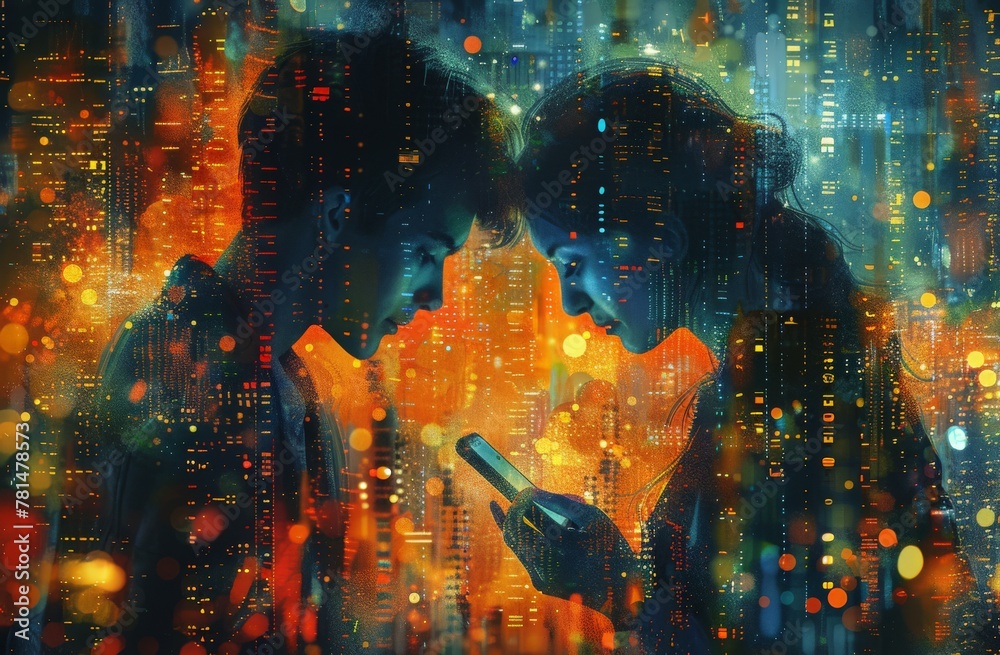 Abstract digital art of a blurred couple's silhouette with glowing city lights and technology elements Abstract digital art of a blurred couple's silhouette with glowing city lights and technology elements
