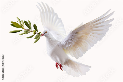 A white dove with an olive branch in its mouth. Noah's Ark concept.