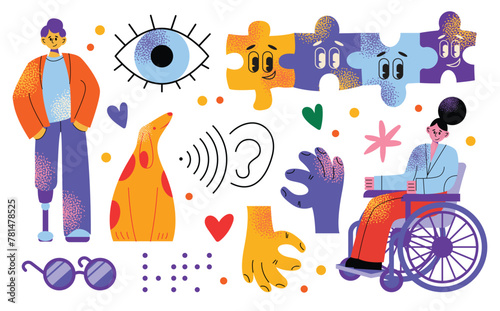 Group of diverse happy smiling disabled people and guide dog, eye, puzzle, sign language, braille with an assortment of different handicaps , vector illustration isolated on a white background