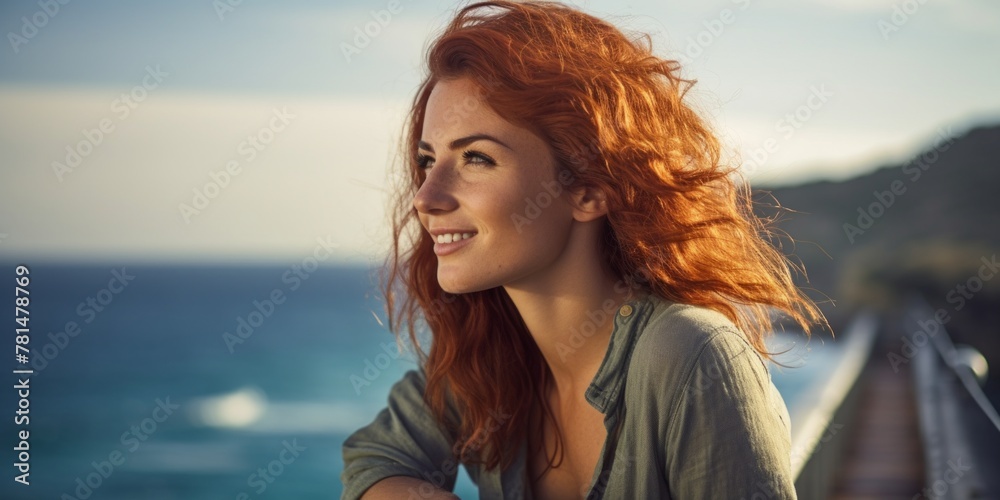 A cute red-haired girl with a beautiful smile poses near the coast on the pier, close-up portrait, Generative AI.