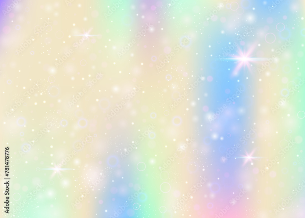 Fototapeta premium Hologram background with rainbow mesh. Kawaii universe banner in princess colors. Fantasy gradient backdrop. Hologram magic background with fairy sparkles, stars and blurs.