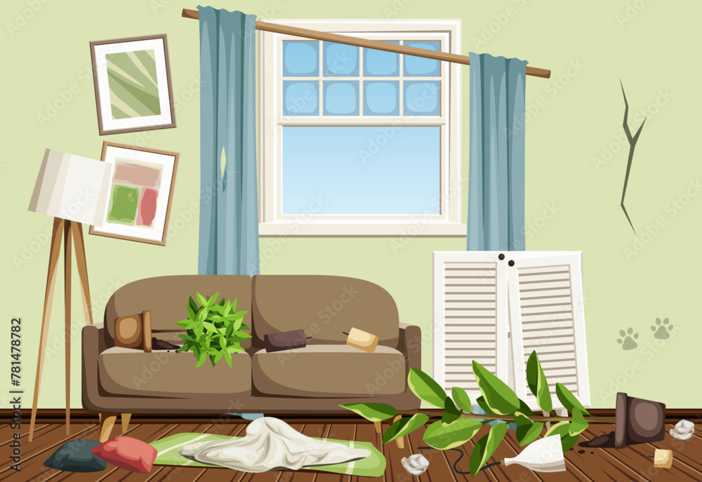 Messy living room interior with a sofa, a broken dresser, overturned houseplants, dirty window, and garbage. Total mess in a living room. Cartoon vector illustration - obrazy, fototapety, plakaty 