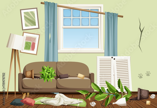Messy living room interior with a sofa, a broken dresser, overturned houseplants, dirty window, and garbage. Total mess in a living room. Cartoon vector illustration
