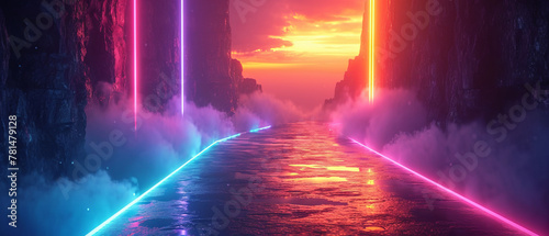 Futuristic Neon Lit Canyon Pathway at Sunset
