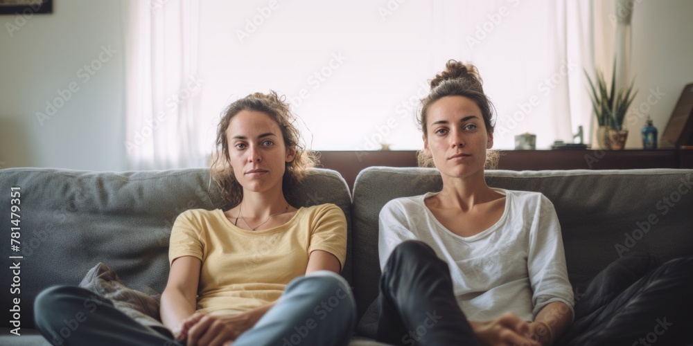 Happy young lesbian couple hugging having fun, Sitting on the sofa. Generative AI.