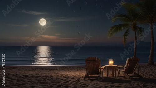A serene beach night scene with chairs and a candle-lit table under the moonlight  perfect for a vacations romantic getaway.