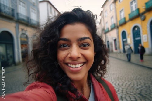 Young beautiful smiling happy girl taking selfie. Generative AI.