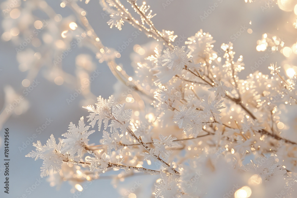 Glistening Snowflakes on Twigs in Golden Winter Light