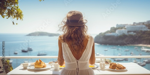 Young woman sitting at a table in a hotel restaurant back view, summer vacation in a luxury room by the sea. Generative AI.