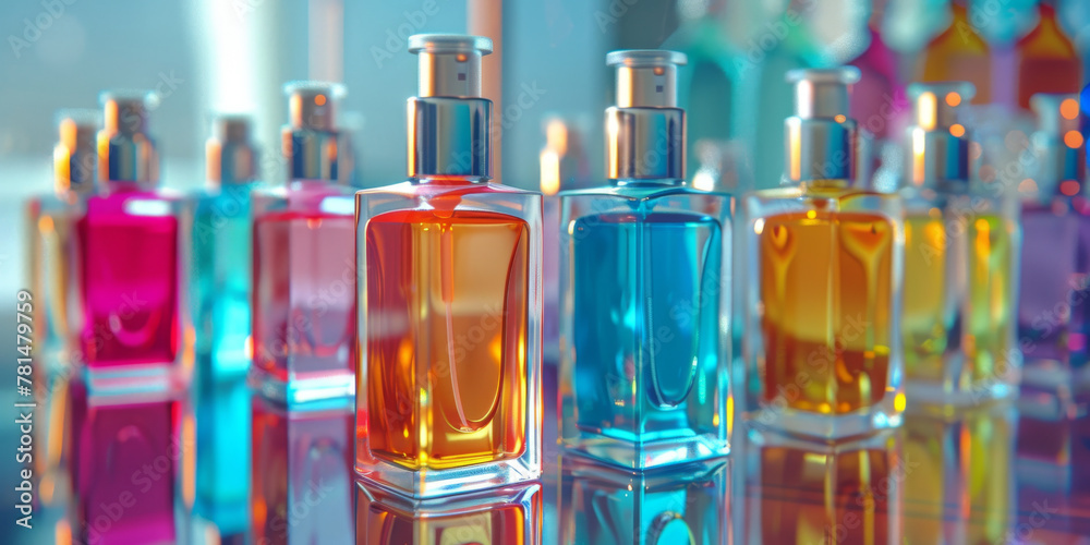 Vibrant Collection of Perfume Bottles on Reflective Surface Vibrant Collection of Perfume Bottles on Reflective Surface