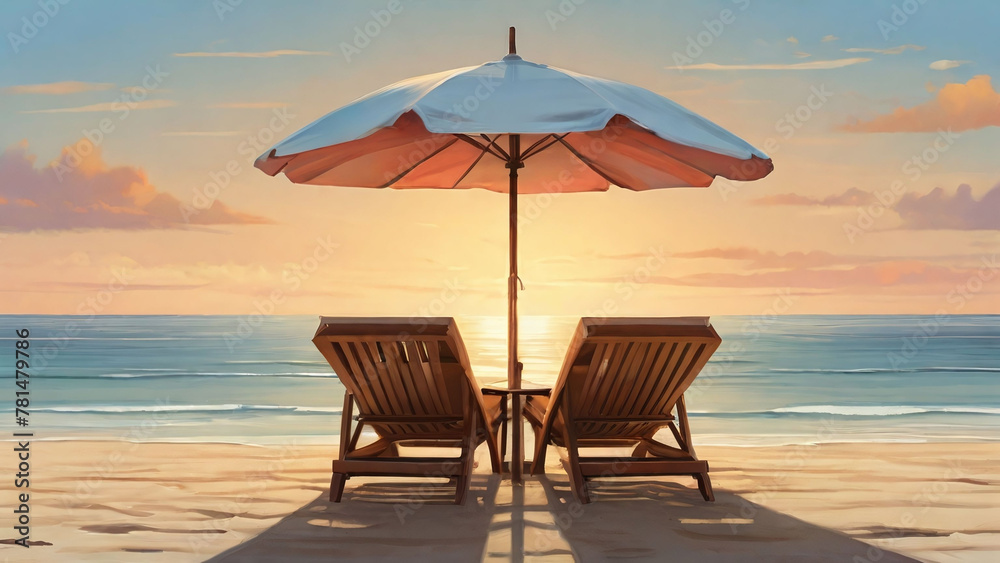 Sunset serenity at the beach with two chairs facing the calming view, capturing the essence of peaceful relaxation.