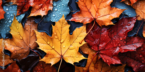 Vibrant Autumn Leaves with Raindrops Close-Up