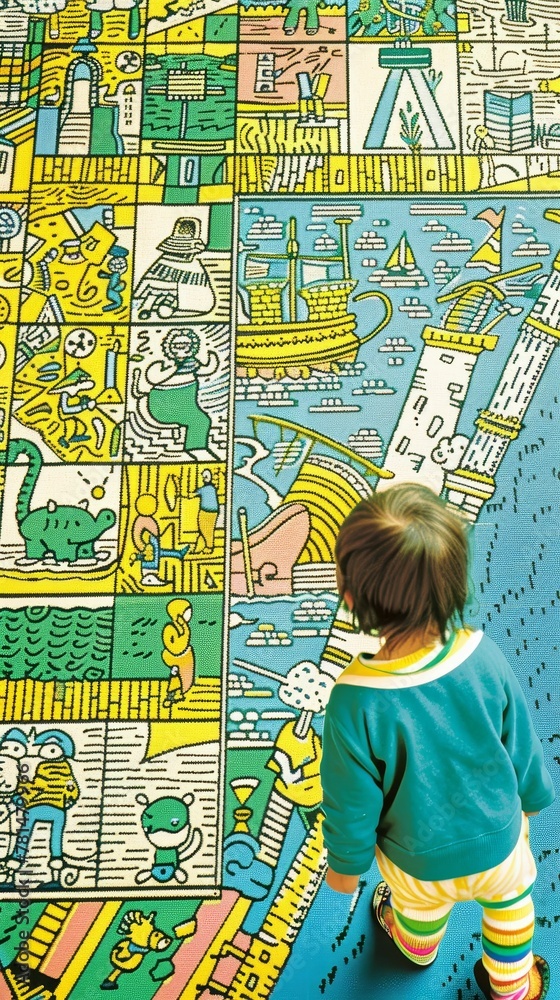 A babys curious gaze at a random, ancient mural, colors of history