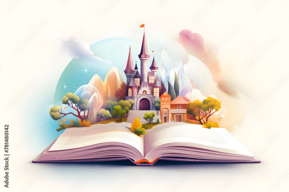 Open magic fairy tale book with fantasy scene, forest, castle, clouds ...