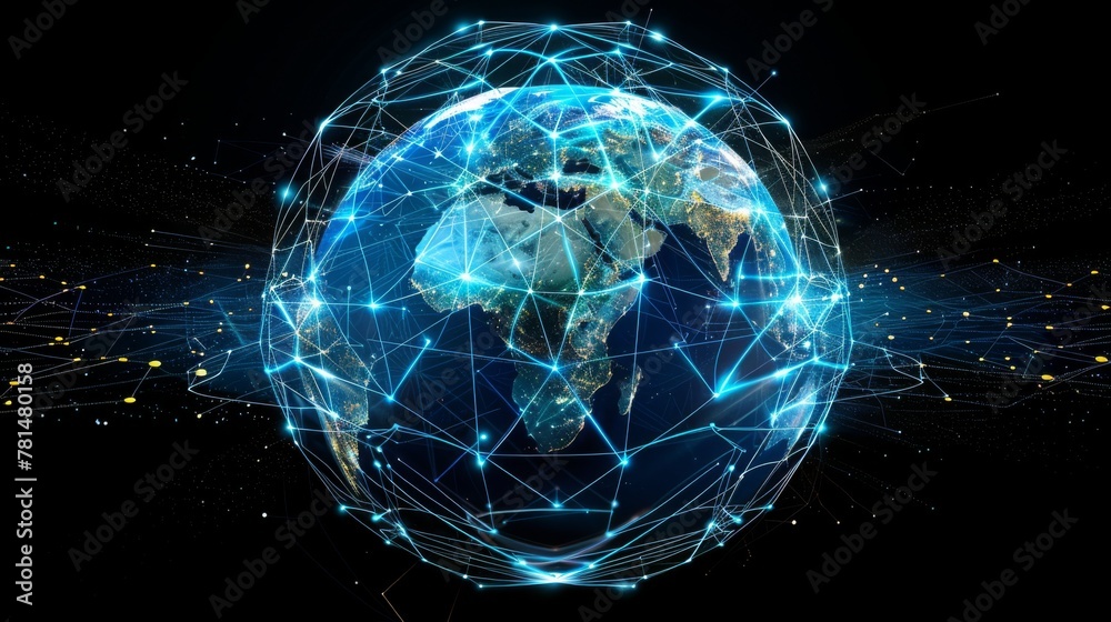 Obraz premium Digital illustration of earth with glowing network connections on a dark background