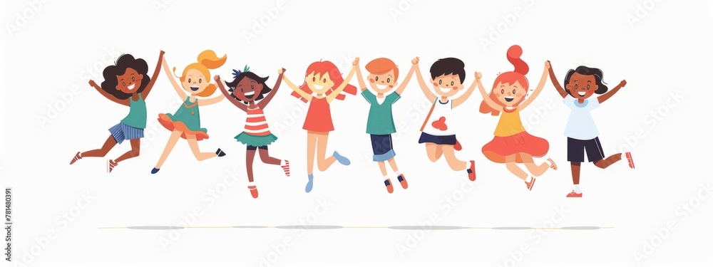 A group of children holding hands and jumping in the air in the style of clip art with a white background featuring simple and colorful illustrations resembling cartoon characters Generative AI
