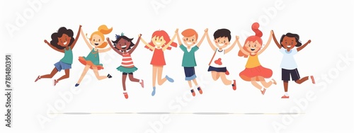 A group of children holding hands and jumping in the air in the style of clip art with a white background featuring simple and colorful illustrations resembling cartoon characters Generative AI © SKIMP Art