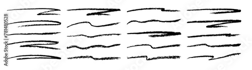 Set of black hand drawn brush lines on white background. Rough charcoal strokes. Collection of vector grunge brushes. Charcoal strokes.
