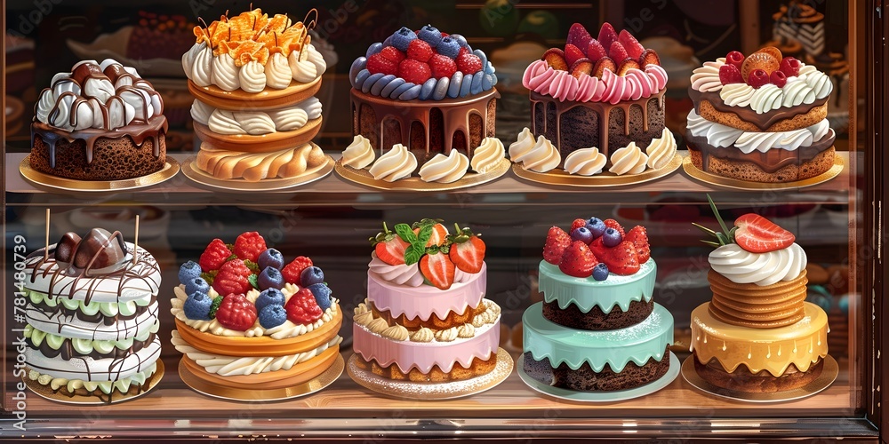 Decadent Dessert Display in Bakery Window Tempting Passersby with Sweet Handcrafted Creations Decadent Dessert Display in Bakery Window Tempting Passersby with Sweet Handcrafted Creations
