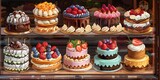 Decadent Dessert Display in Bakery Window Tempting Passersby with Sweet Handcrafted Creations