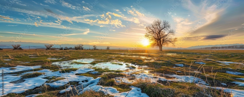 Tranquil sunset over melting snow landscape