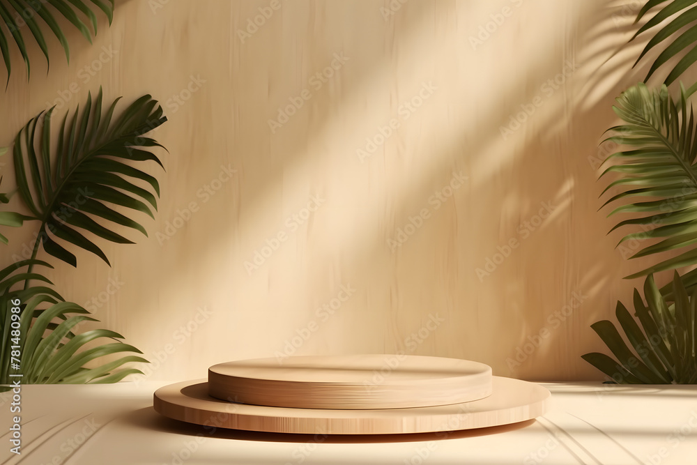 Wooden podium table with green tropical palm tree Wooden podium table with green tropical palm tree
