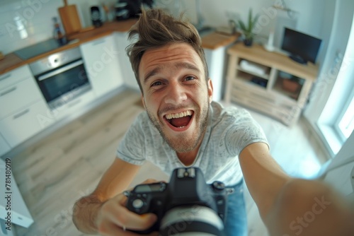 First person view of happy caucasian male in shirt recording video on digital camera. Popular influencer producing content fro new post in social median and new post in personal blog, Generative AI photo