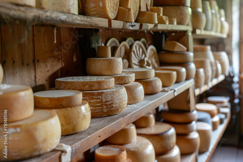 Artisan cheese making process displayed wooden shelves. Craftsmanship, cheesemaking