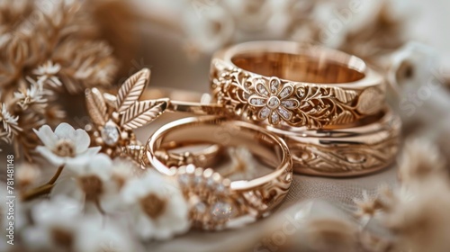 Elegant Wedding Rings and Floral Arrangement
