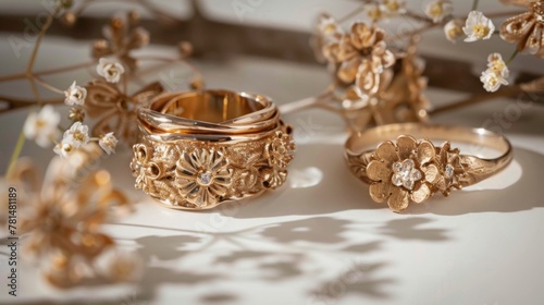 Elegant Gold Wedding Rings Adorned With Floral Patterns
