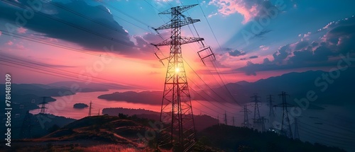 Sunset Hues: Power Lines and Energy Flow. Concept Sunset Photography, Power Lines, Energy Flow, Vibrant Colors