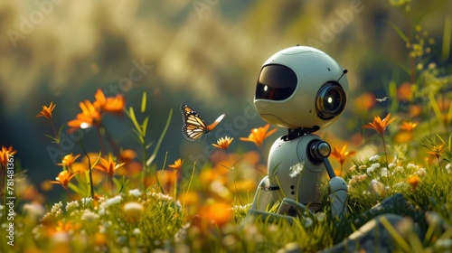 Serene robot and butterfly in sunlit meadow