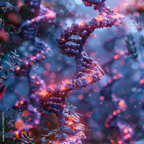 A scientific illustration showing the double helix structure of DNA, with two intertwined strands labeled as sugar-phosphate backbones and nitrogen bases. photo