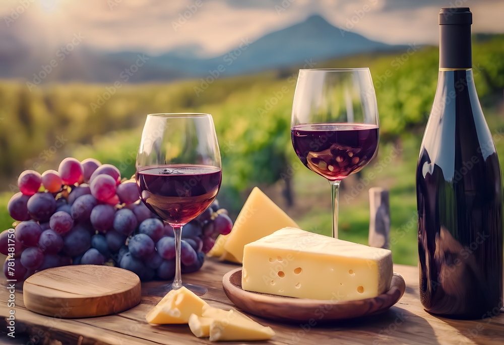 Two glasses of red wine with a bottle, cheese, and grapes on a wooden table overlooking a vineyard at sunset, creating a romantic and serene setting. National cheese and wine day.