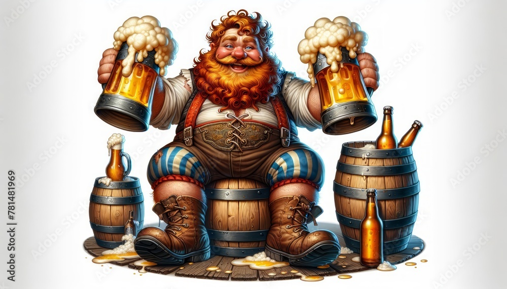 A cheerful red-bearded man laughs while sitting on a barrel of beer and drinks beer with foam from a large mug. Celebrating Beer Day at the Beer Festival. Octoberfest