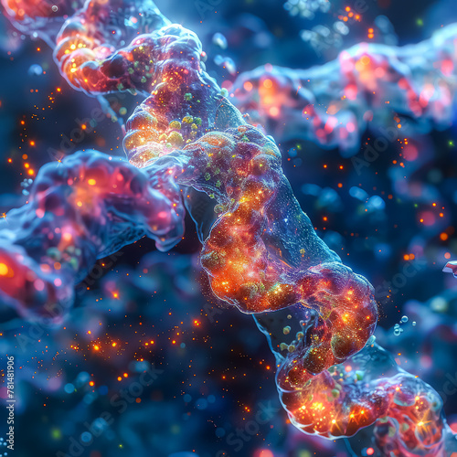 A scientific illustration showing the double helix structure of DNA, with two intertwined strands labeled as sugar-phosphate backbones and nitrogen bases. photo