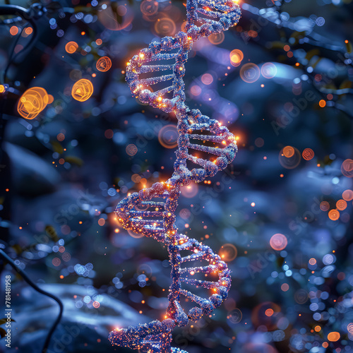 A scientific illustration showing the double helix structure of DNA, with two intertwined strands labeled as sugar-phosphate backbones and nitrogen bases. photo