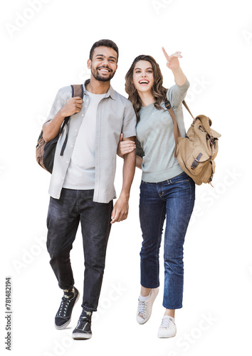 Beautiful happy couple full length portrait isolated transparent PNG. Young joyful smiling woman and man walking isolated transparency. Love, travel, tourism, students concept © kite_rin