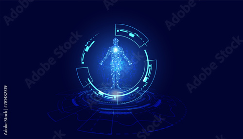 Digital circle, human interface, AI concept, functional intelligence on a blue background modern technology