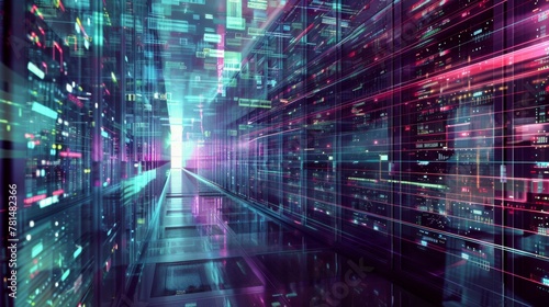 Futuristic data center corridor with neon lights