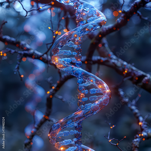 A scientific illustration showing the double helix structure of DNA, with two intertwined strands labeled as sugar-phosphate backbones and nitrogen bases. photo