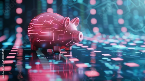 Digital savings concept with circuit board piggy bank